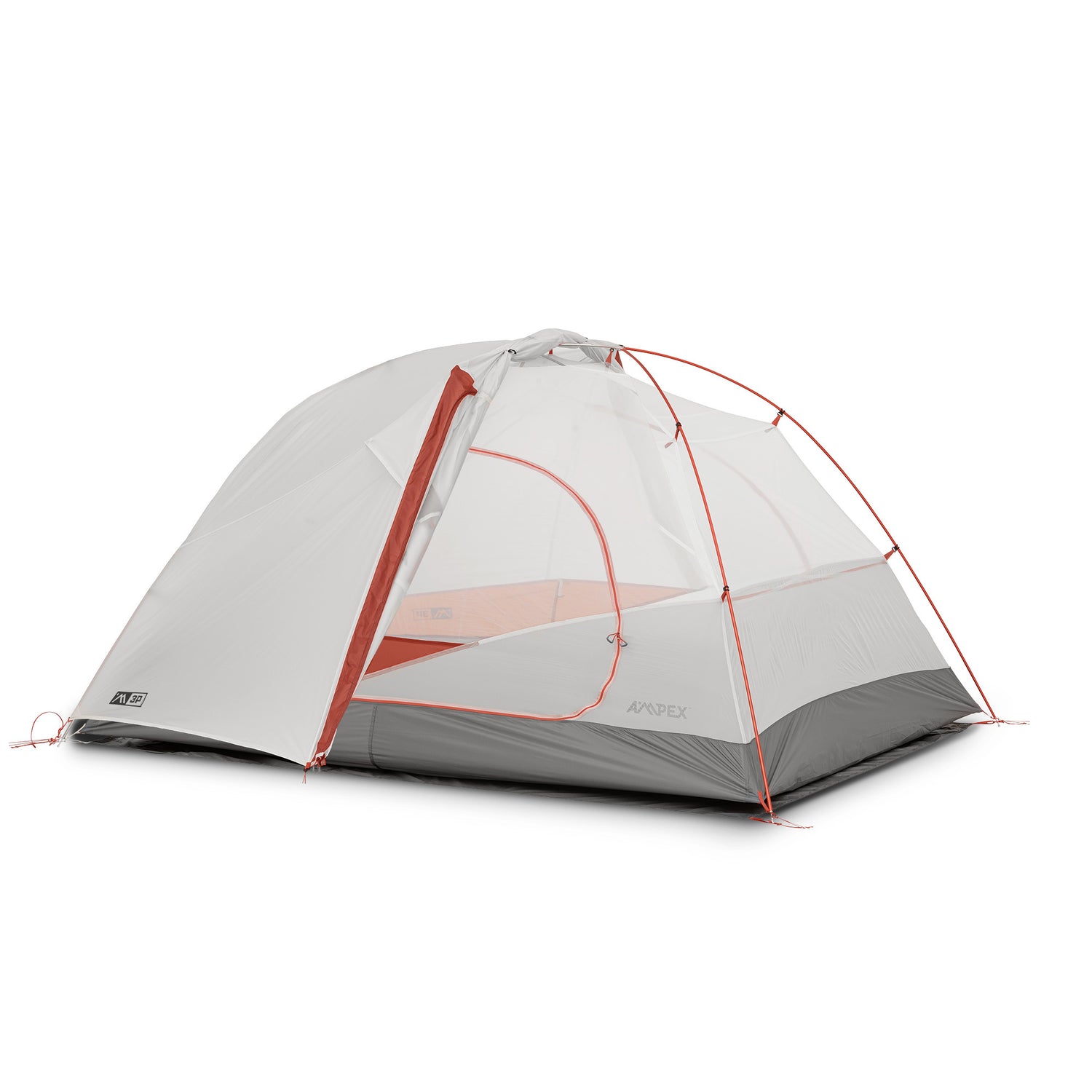Tent with rainfly, pitched at side angle showing streamlined shape.