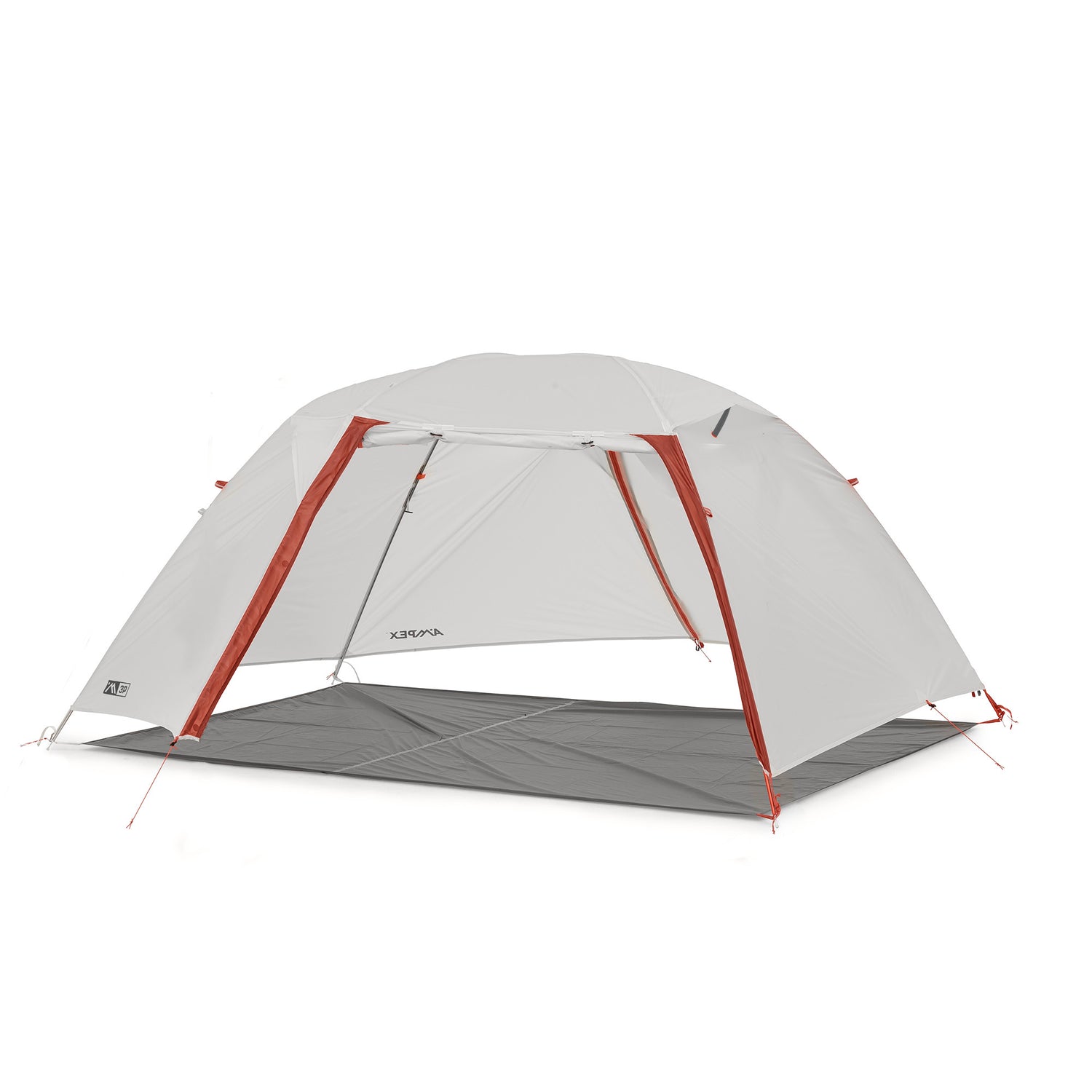 Tent shown with rainfly and guy lines staked out for added stability.