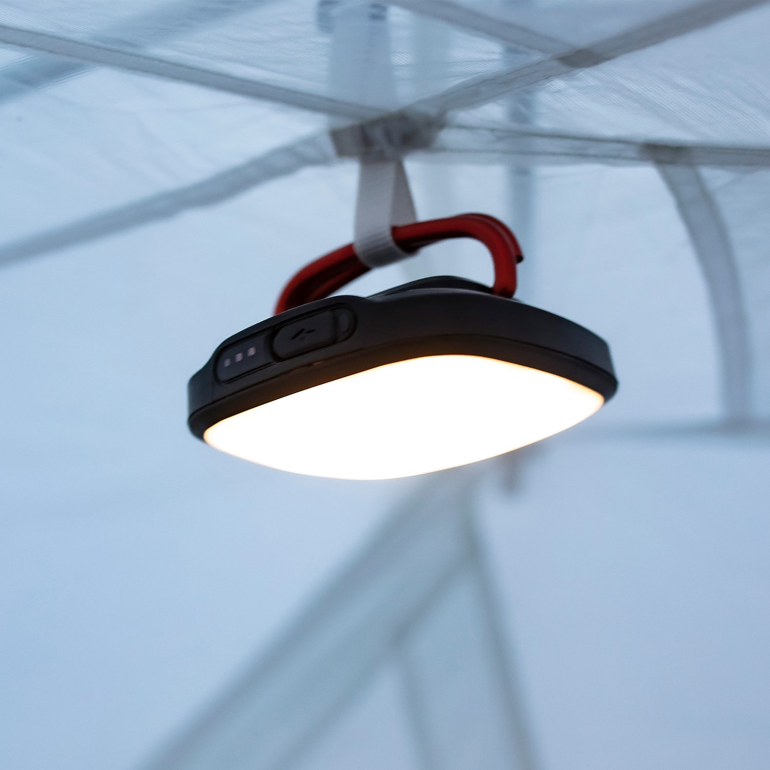 300L AMPEX tent light hanging in a tent