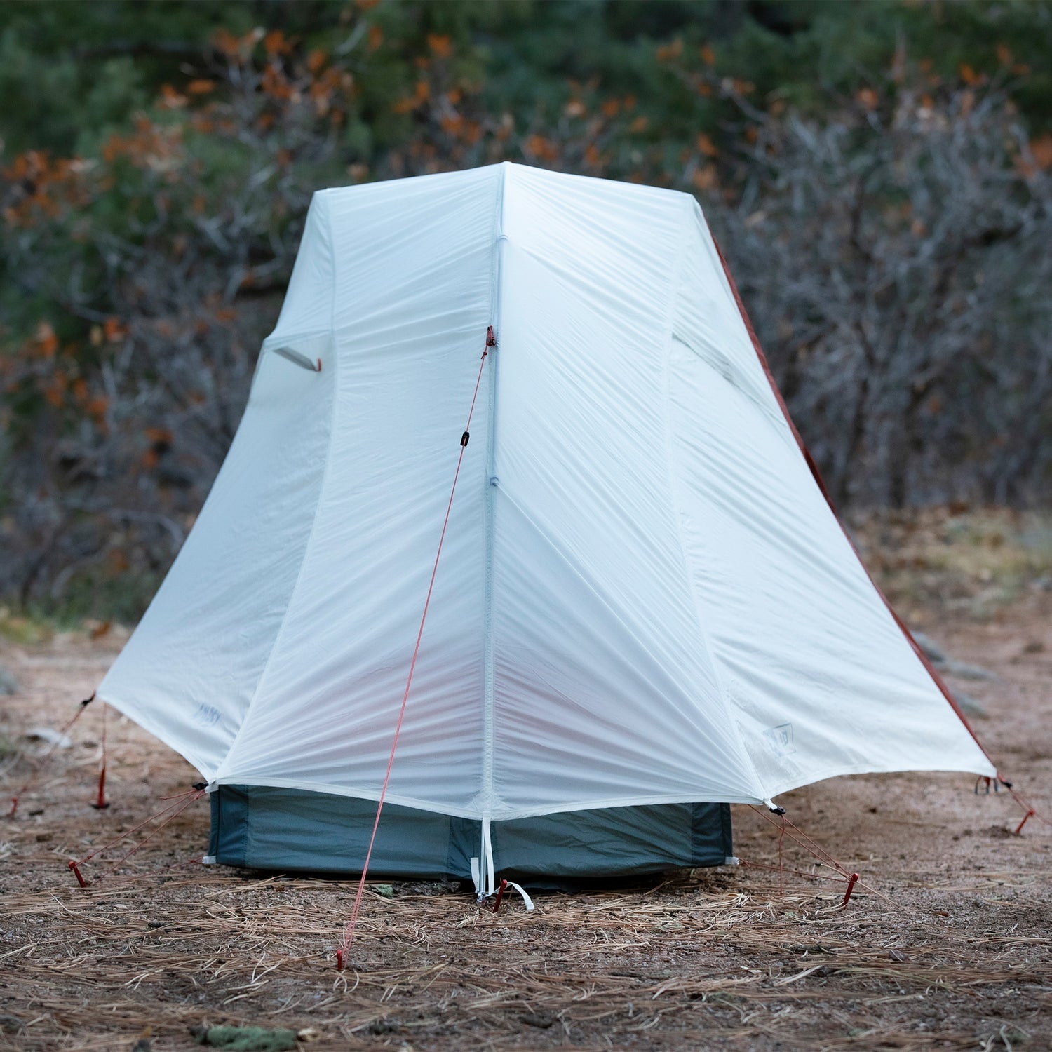 Side view of Tent pitched on dry ground in a desert landscape.