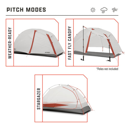 Illustrations of a backpacking tent in different pitch modes with text labels including weather-ready, fast fly canopy, and stargazer modes on a white background.