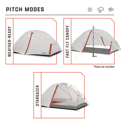 Illustration of a backpacking tent with different pitching modes including weather-ready, fast fly canopy, and stargazer mode on a white background