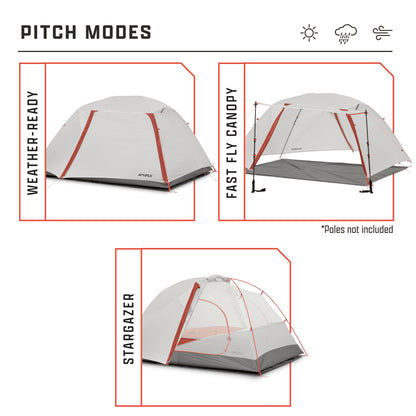 Illustrations of a backpacking tent in different pitch modes including weather-ready, fast fly canopy and stargazer mode with text labels on a white background