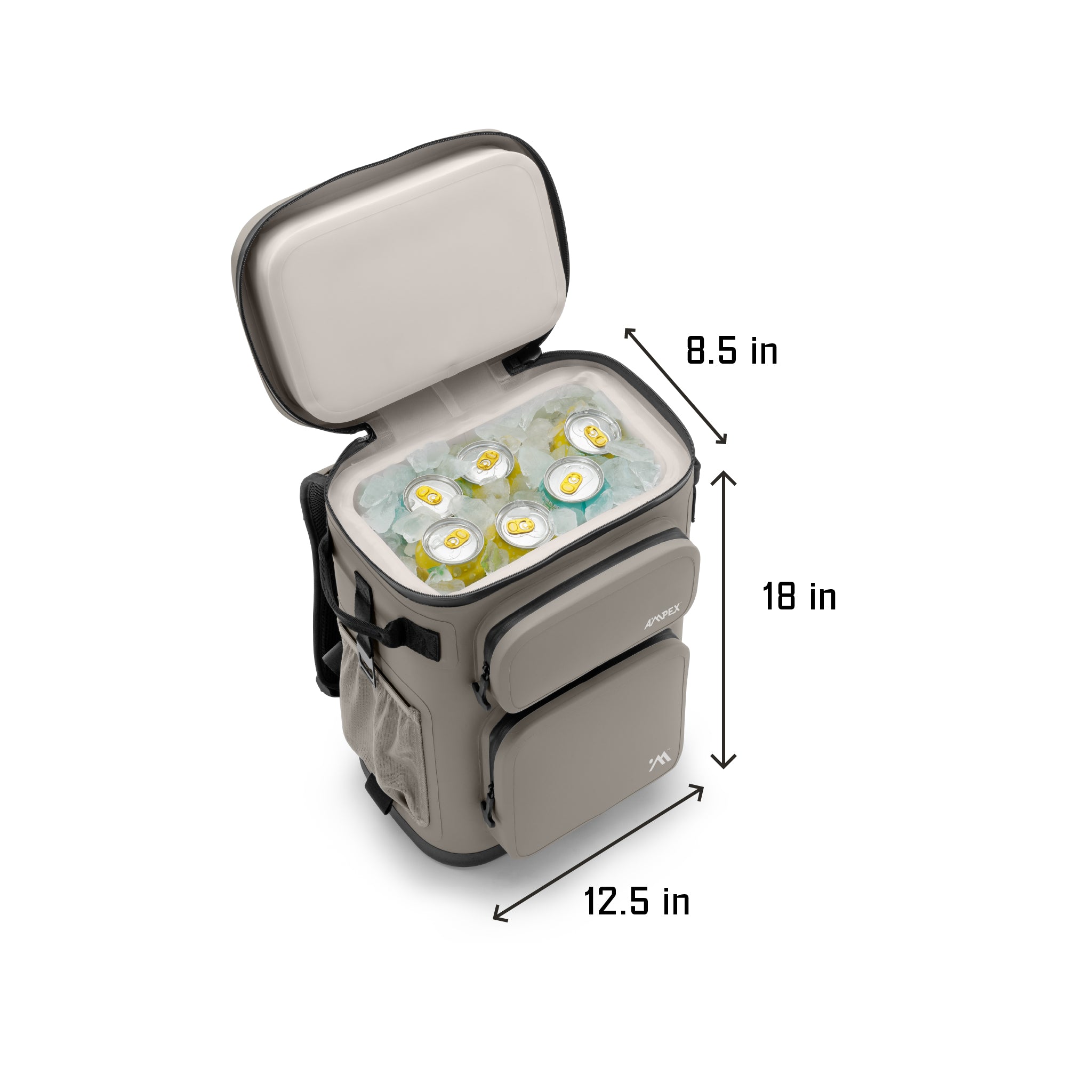 Beige cooler backpack with dimensions labeled on a white background