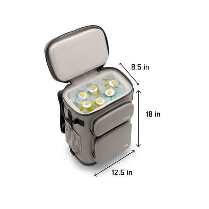 Beige cooler backpack with dimensions labeled on a white background