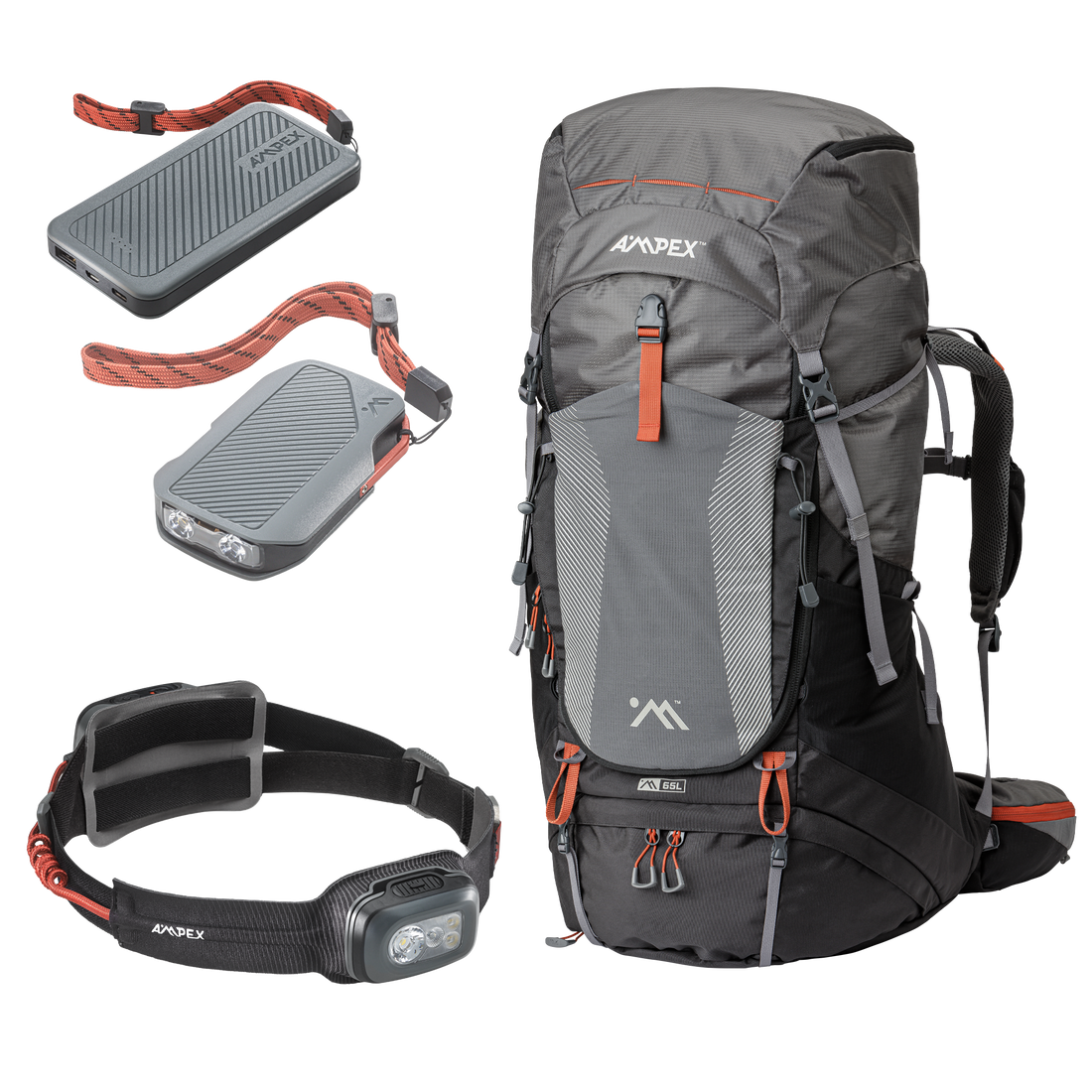 black backpack with black headlamp, black flashlight and black power bank