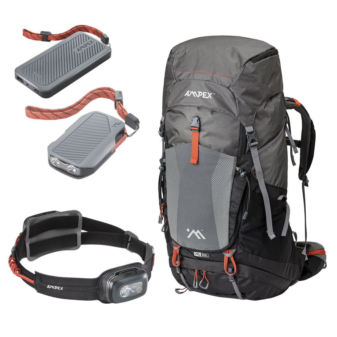Black backpack with black headlamp, black flashlight and black power bank