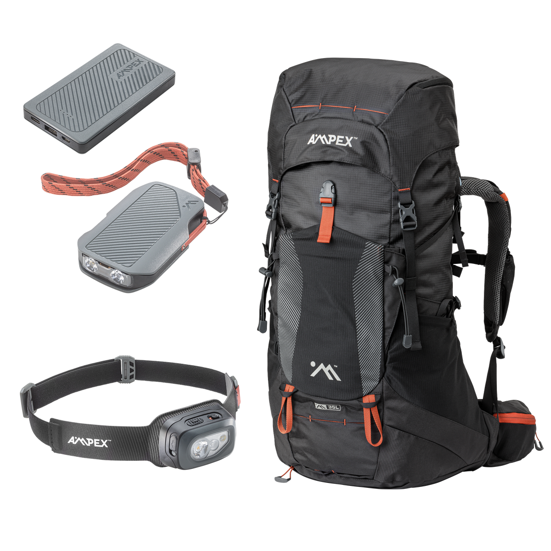 Black backpack with black headlamp, black flashlight and black power bank