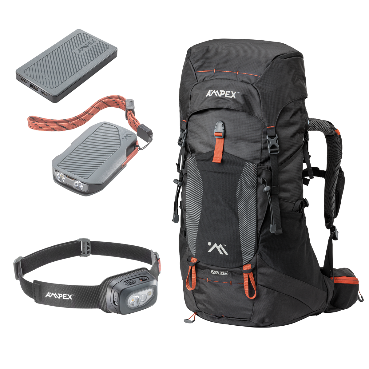 Black backpack with black headlamp, black flashlight and black power bank