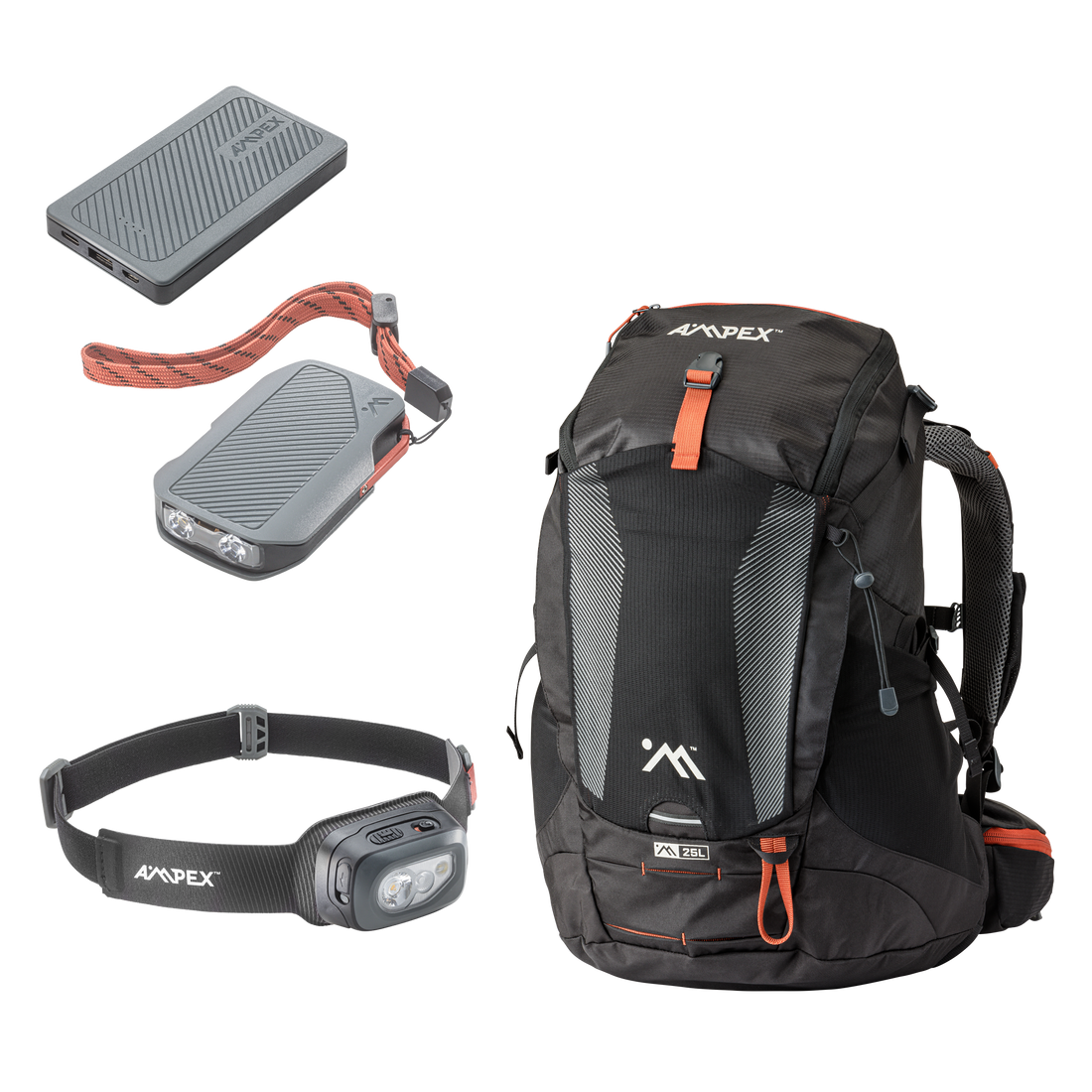 Black backpack with black headlamp, black flashlight, and black power bank
