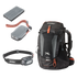 Black backpack with black headlamp, black flashlight, and black power bank