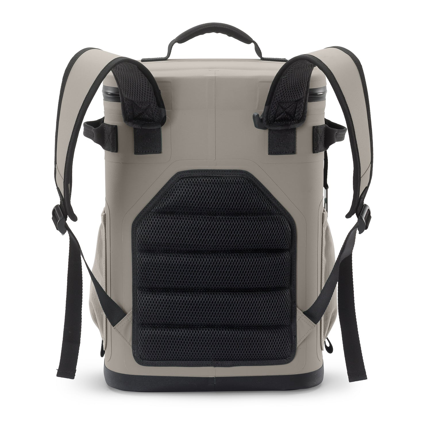 Back view of a beige backpack cooler with black straps and padding on a white background