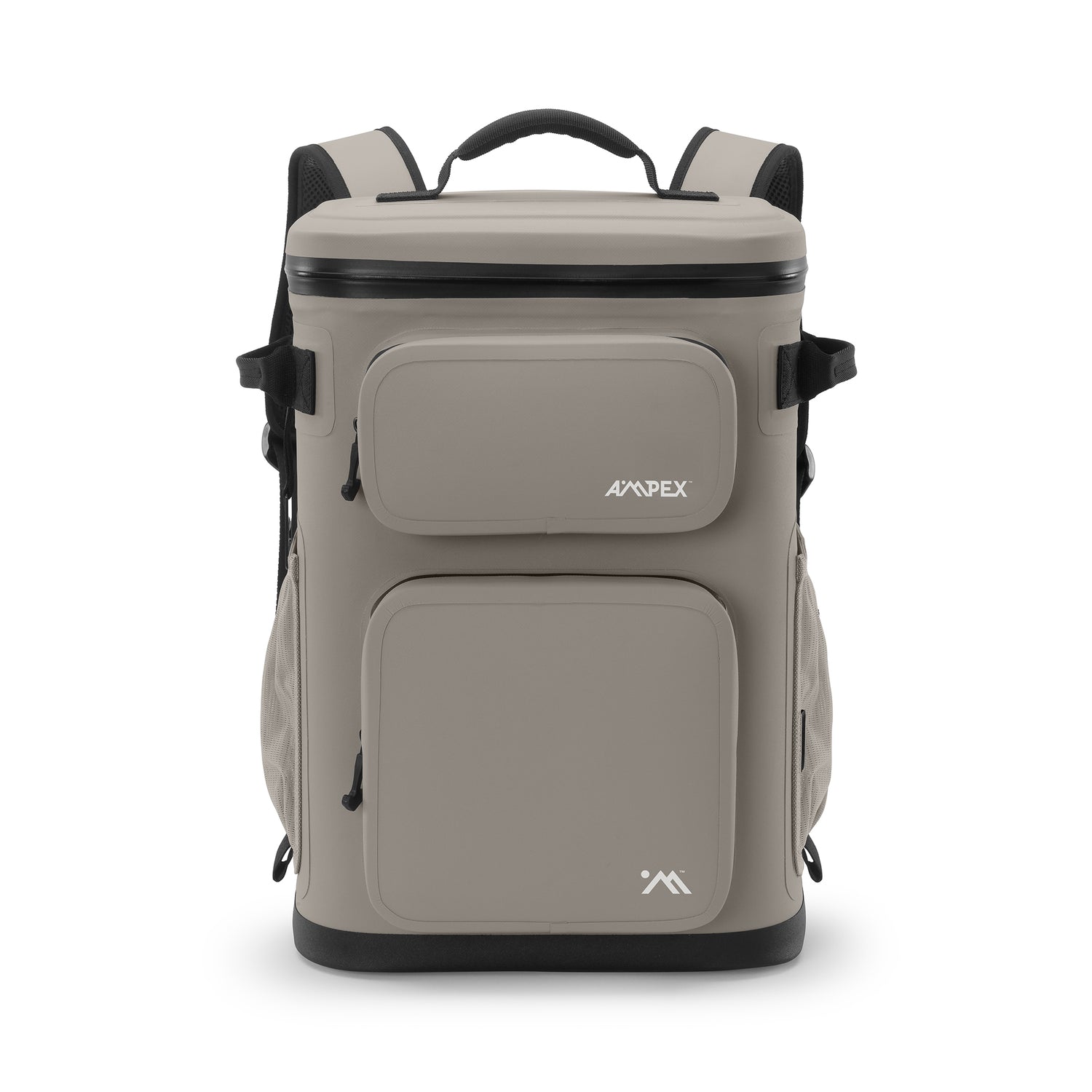 Beige backpack soft side cooler with black accents and two front pockets