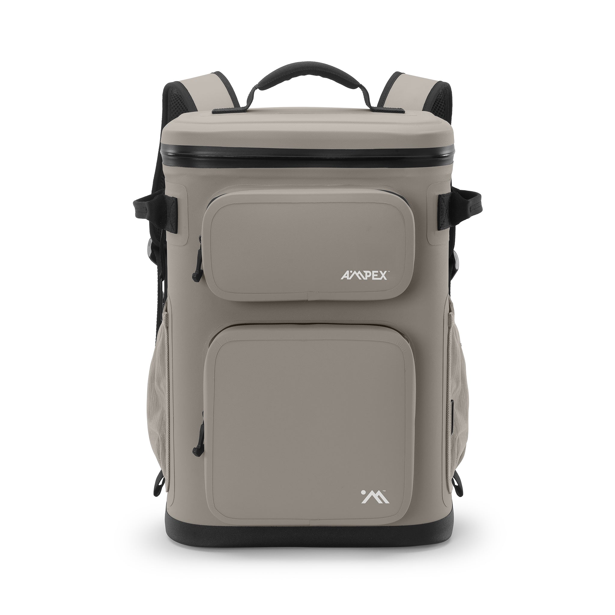 Beige backpack soft side cooler with black accents and two front pockets