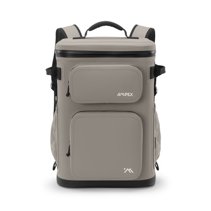 Beige backpack soft side cooler with black accents and two front pockets