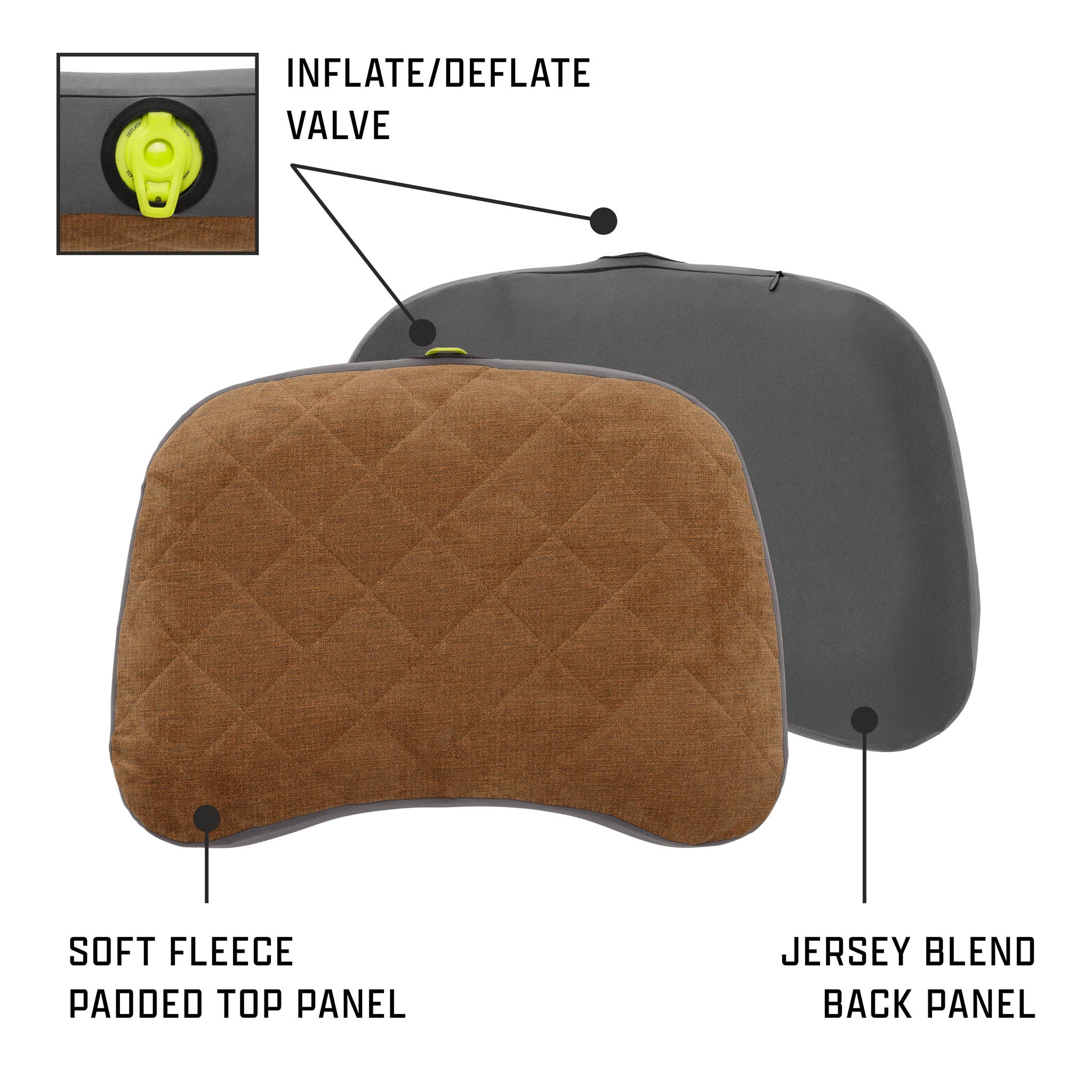 Brown quilted front of pillow and gray back of pillow along with green inflate/deflate valve