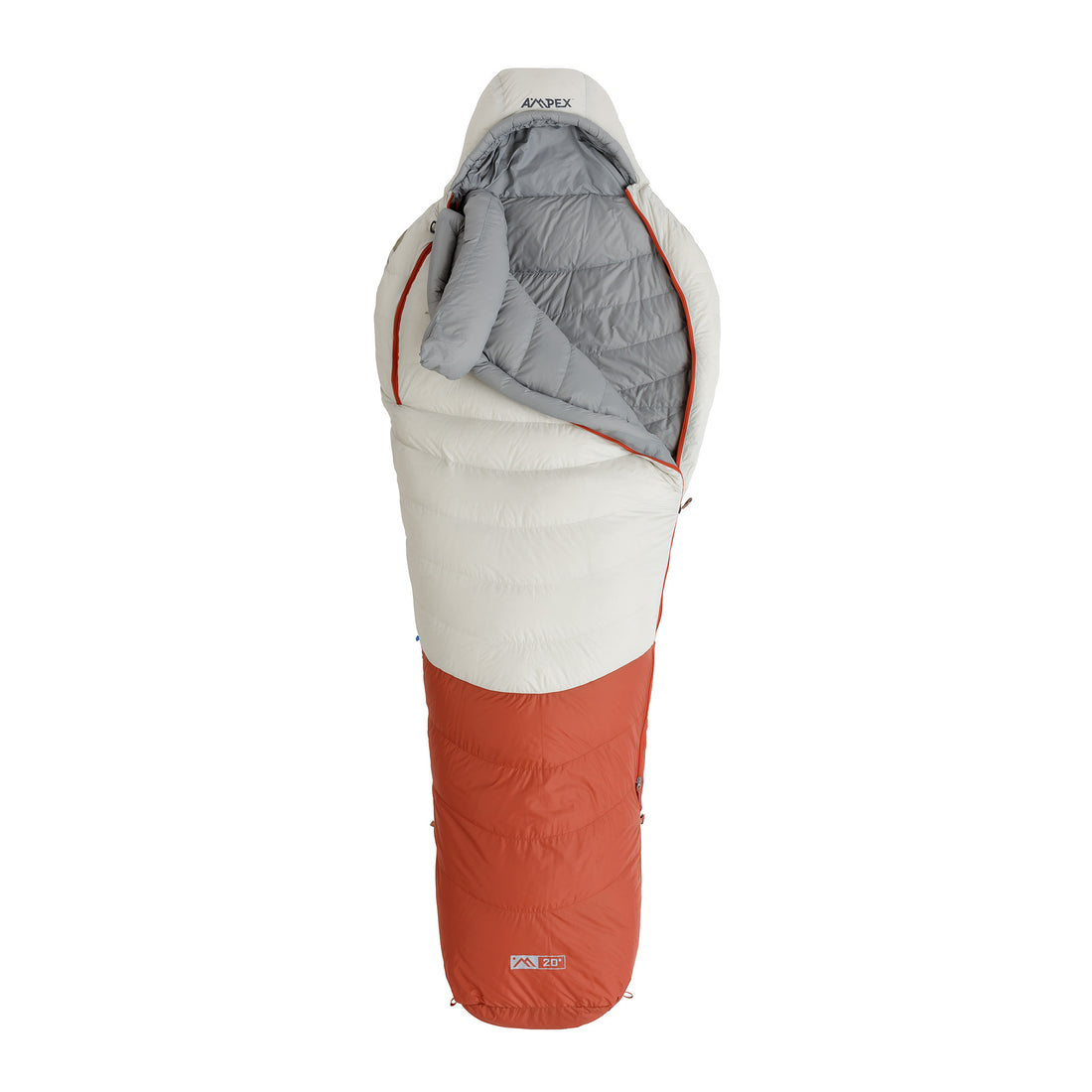 Ampex mummy-style sleeping bag in red and gray, shown upright.