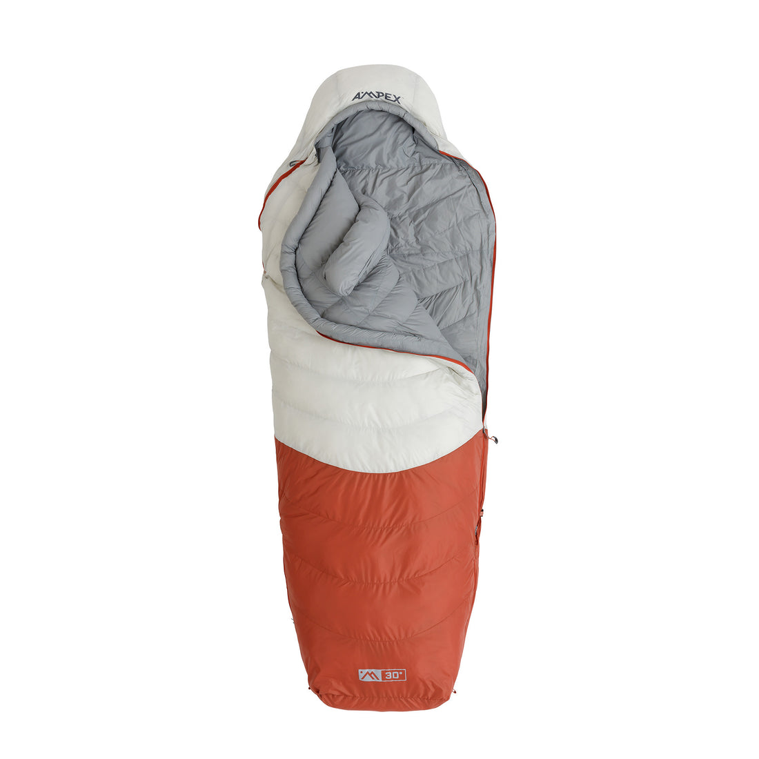 Front-facing image of Ampex sleeping bag in red and gray with mummy-style design.