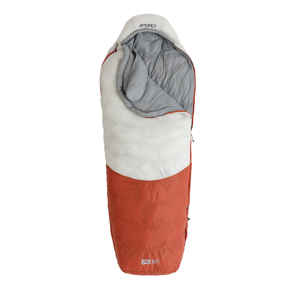 Front-facing image of Ampex sleeping bag in red and gray with mummy-style design