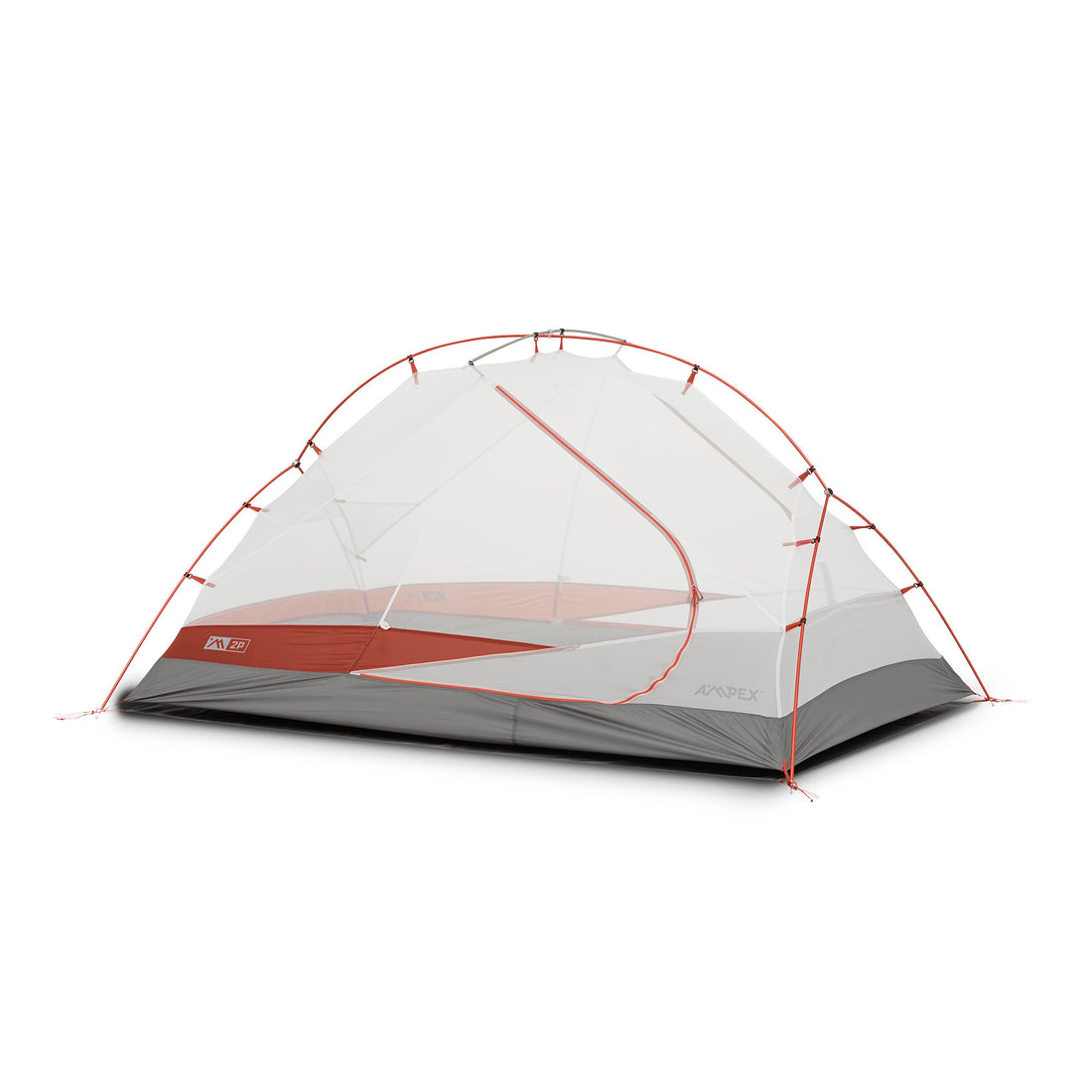 Ampex two-person tent with gray base, red accents, and white mesh canopy, shown fully set up.